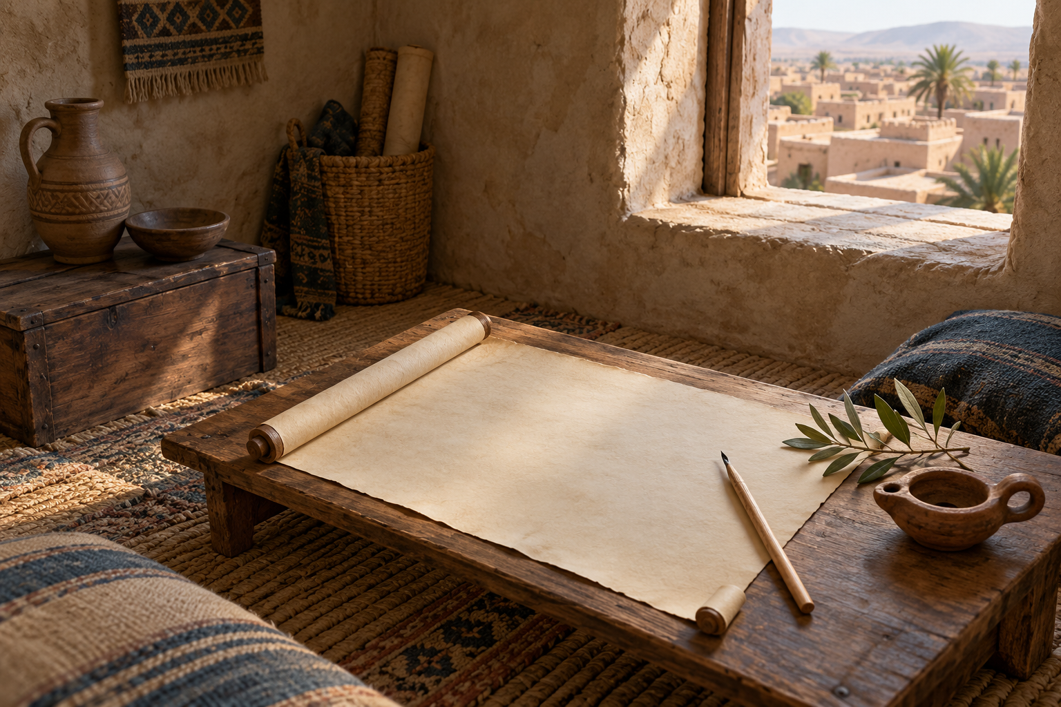 An unlettered scroll in a simple study opens a visual reflection on revelation and oneness in 21:1–29.