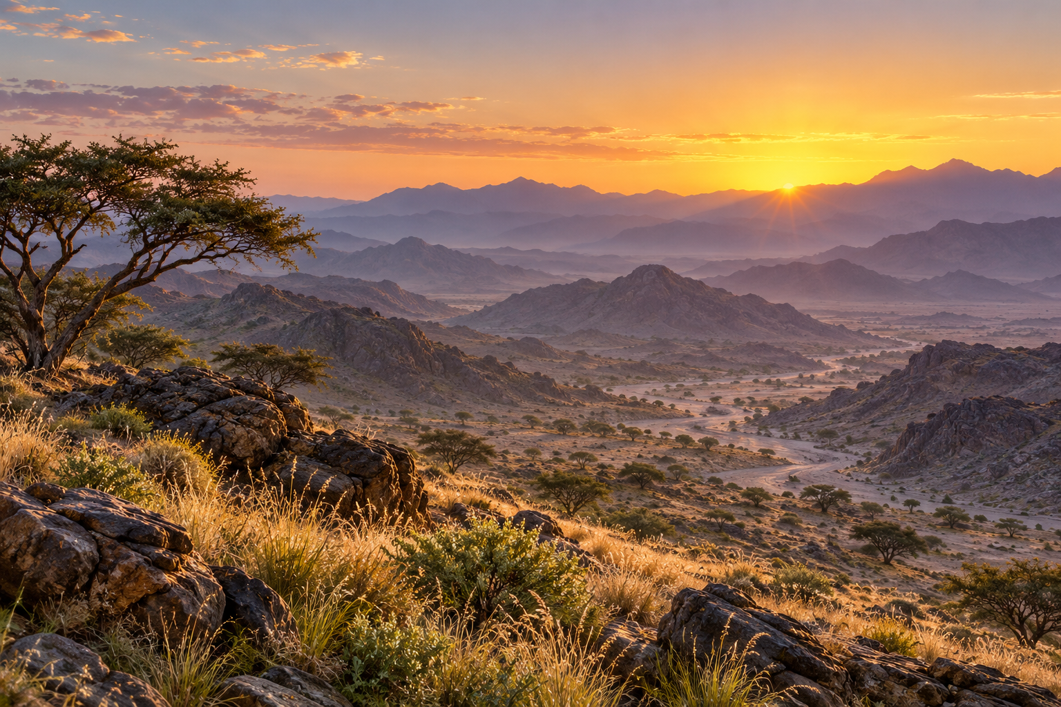 First light over imagined Arabian mountain ridges