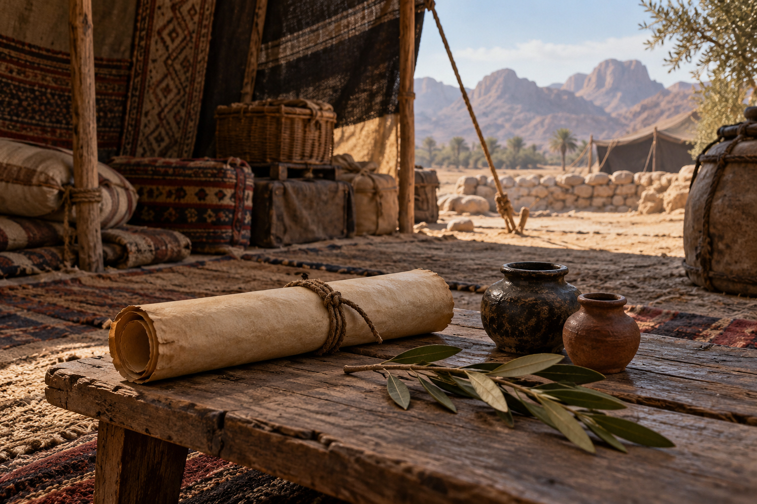An unlettered rolled parchment rests with inkpots and a branch in an empty encampment.
