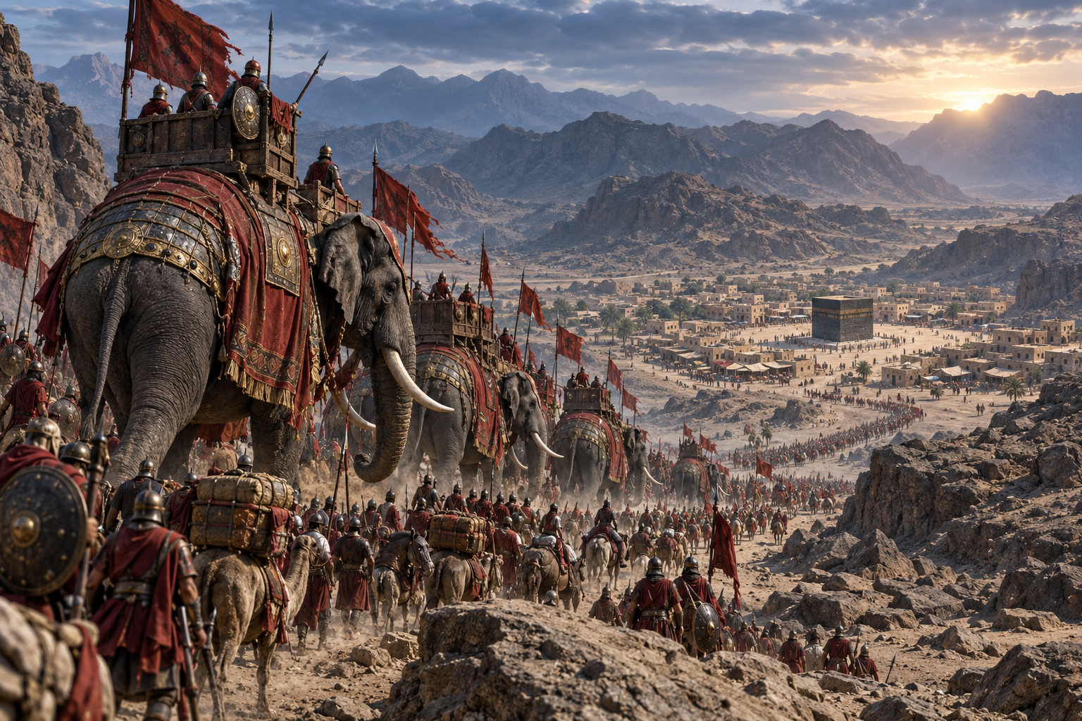 AI-created historical imagining: the Quran names the people of the Elephant; the Abraha and Kaaba setting comes from traditional commentary. Exact numbers, buildings and expedition details are imagined.