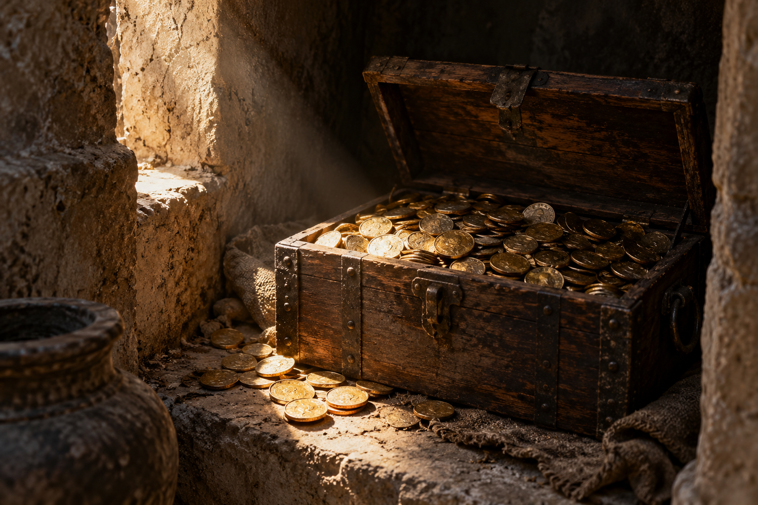 Coins gathered in a narrow recess · AI-created reflection on hoarding and misplaced security.