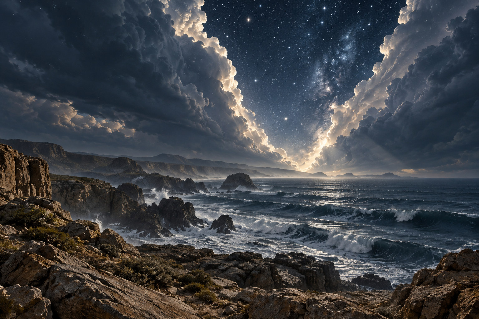 An imaginative celestial scene inspired by 82:1–5; the transformation of the sky is not a documentary depiction.