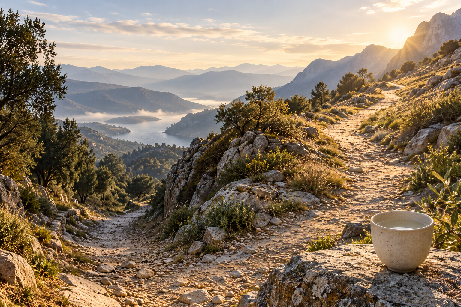 A simple cup of clear water stands before an earthly mountain path that divides in two.