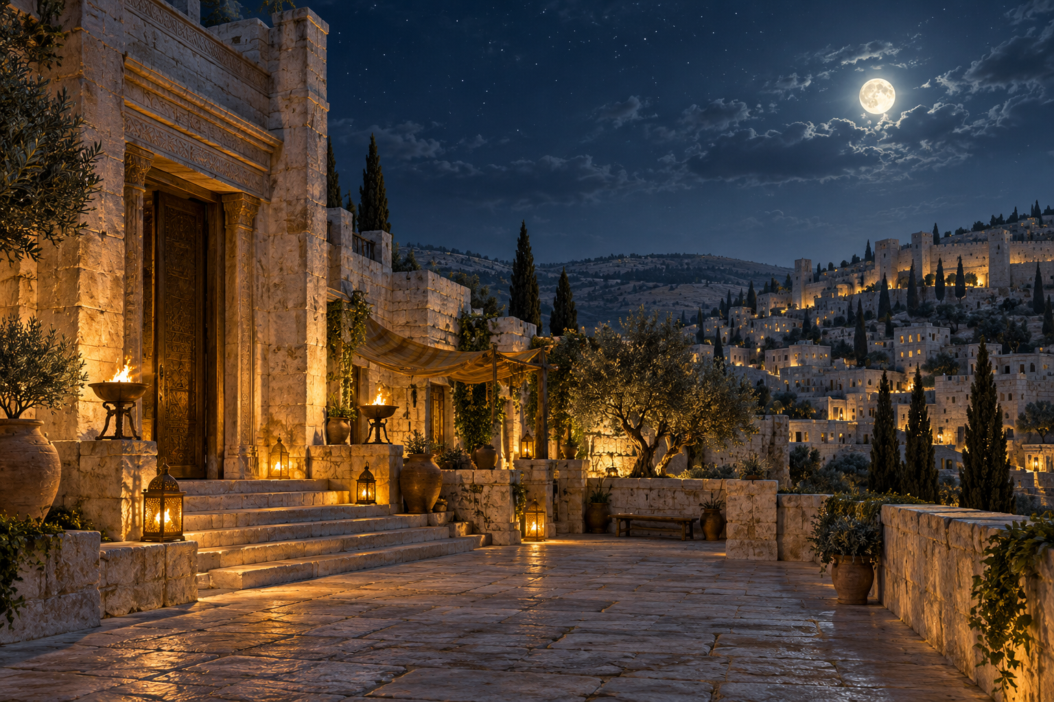 An imagined ancient sanctuary landscape accompanies the opening reference to the Night Journey.