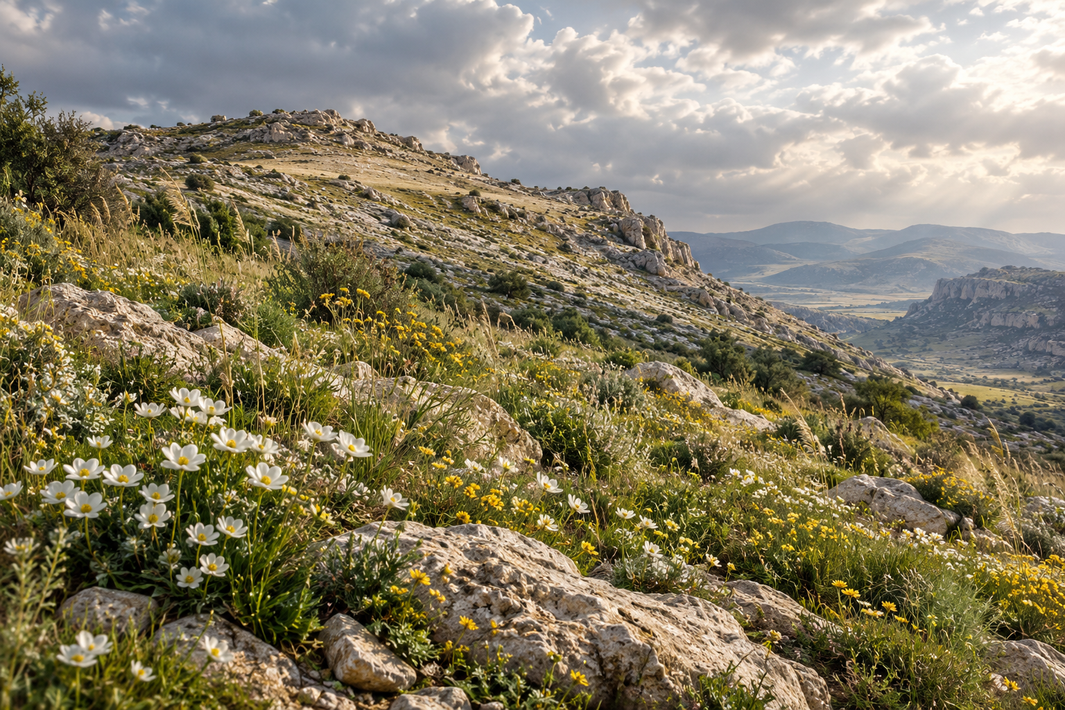 Wildflowers on an exposed hillside recall the passage’s contrast between earthly adornment and its passing.