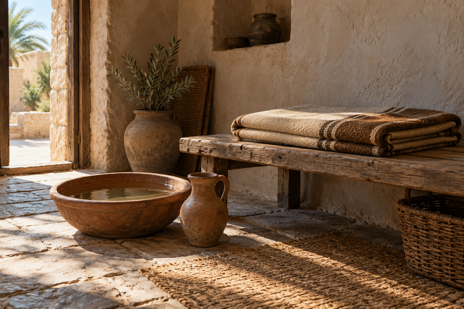 A clean folded cloak and water basin evoke readiness, care, and purification.