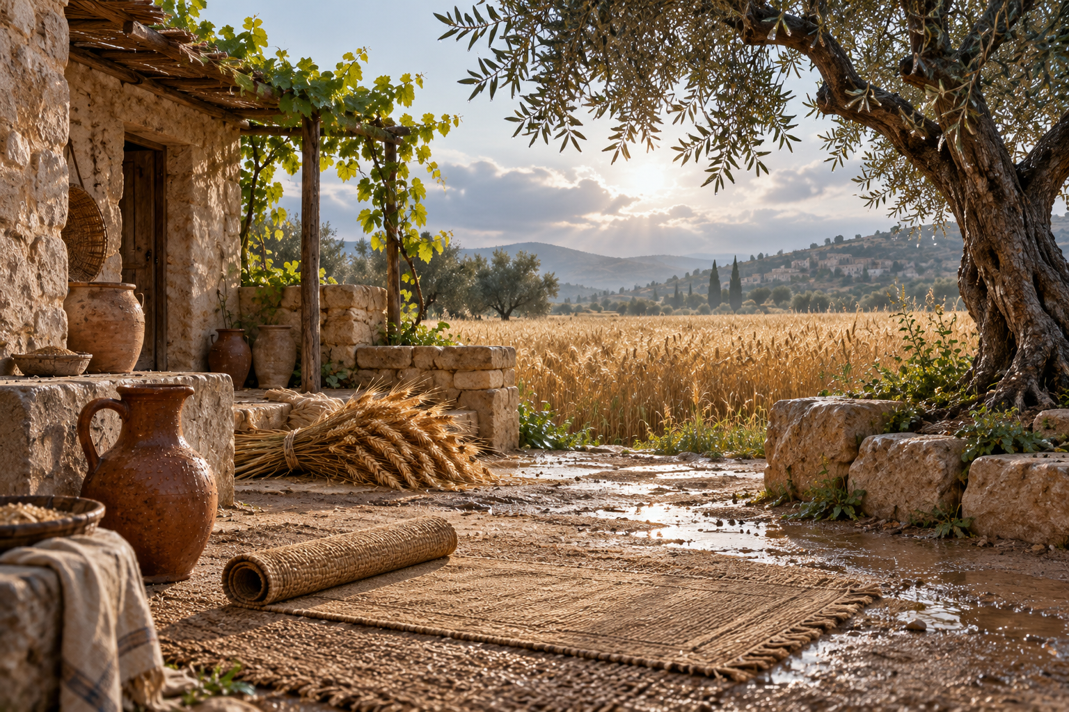 Wheat, an olive tree and a plain prayer mat connect daily faith with the gifts of land and rain in 23:1–22.