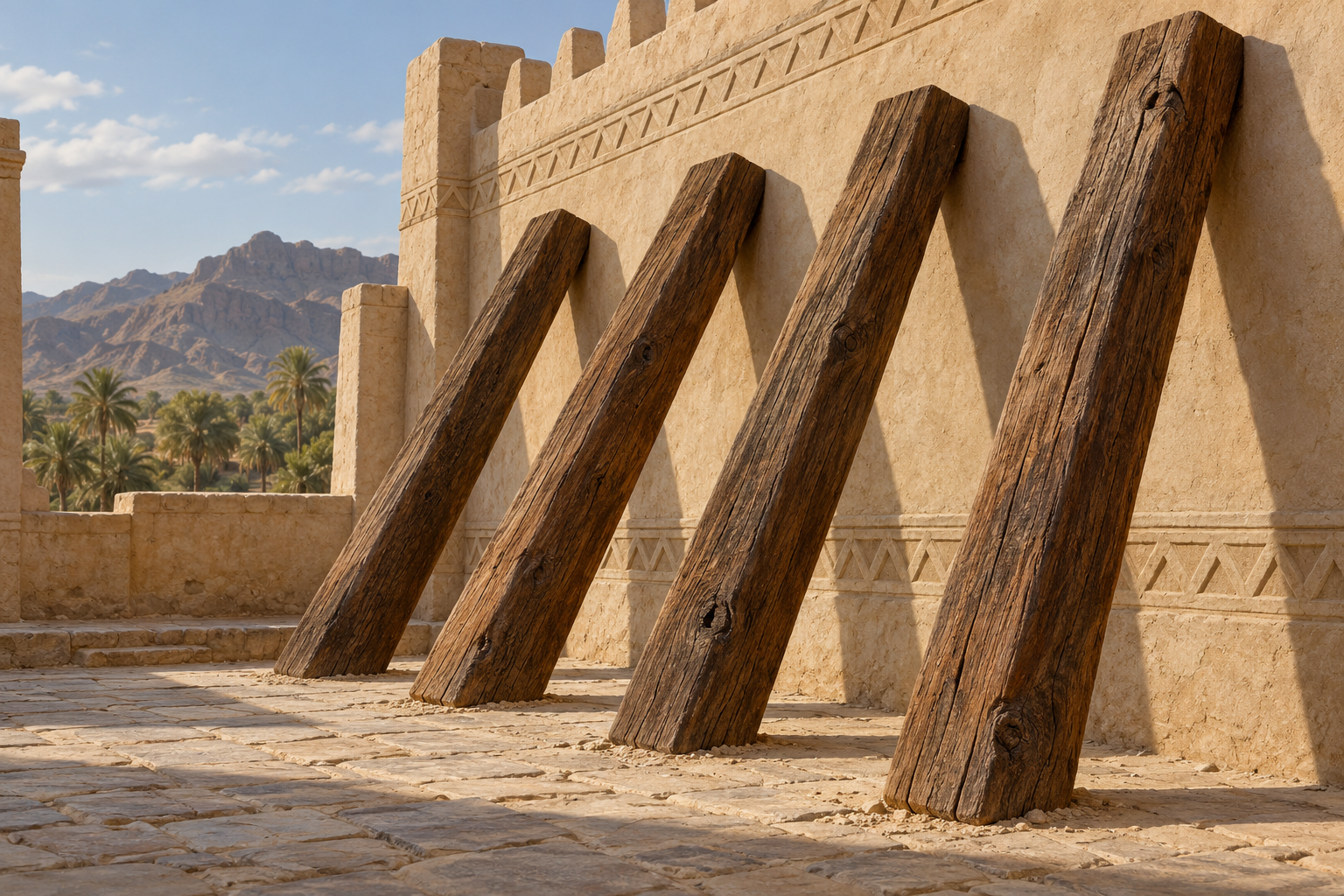 Impressive beams lean against a decorated wall without supporting anything.