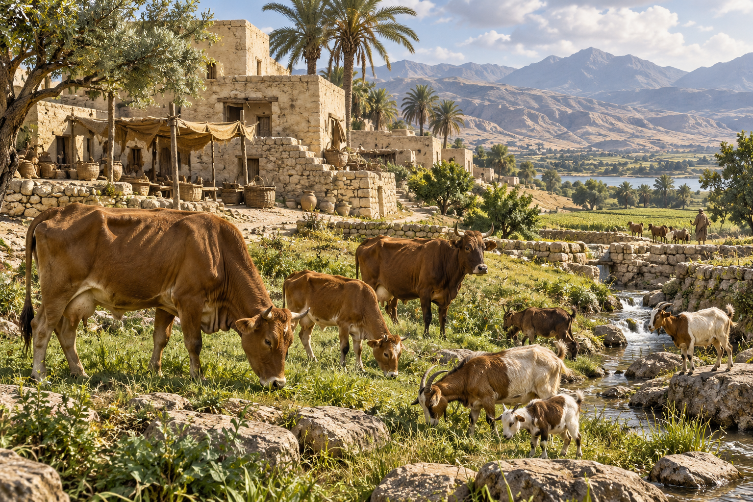 Cattle, goats and a working village reflect the opening signs of everyday provision.