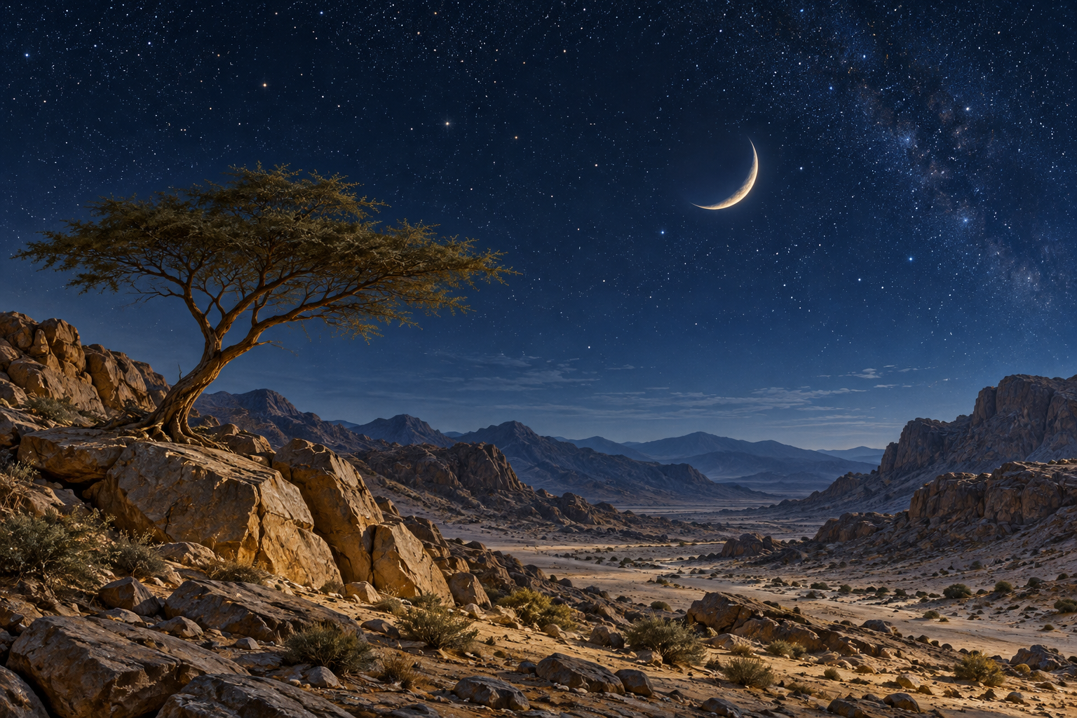 AI-created night landscape for reflection; no specific sacred night is depicted.
