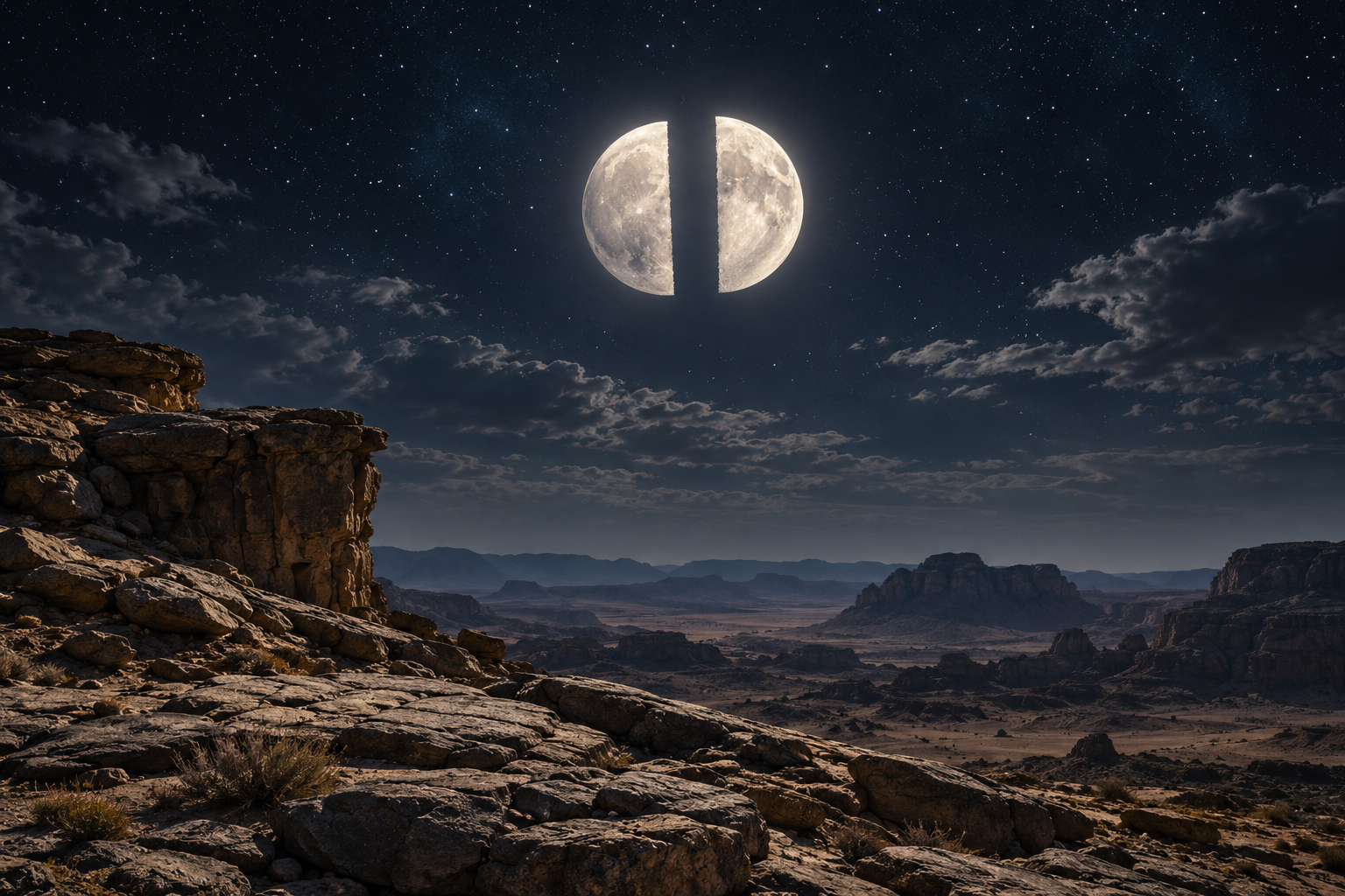 An artistic rendering of the moon imagery in 54:1–8. It is not a scientific reconstruction or historical photograph.