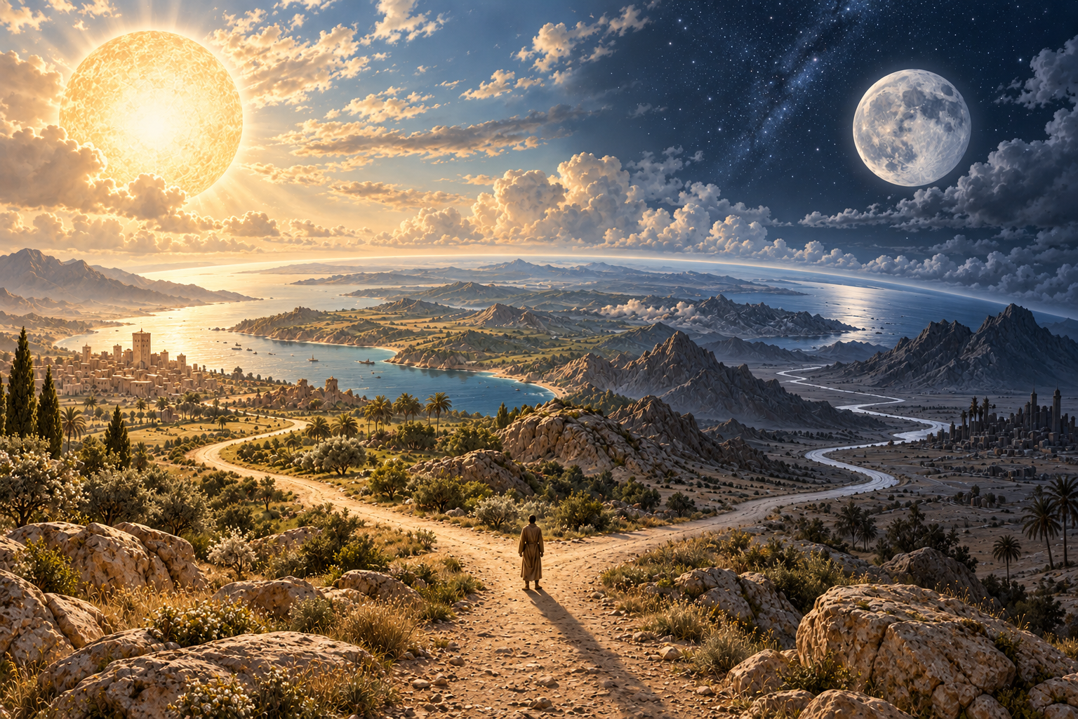 AI-created cosmic and symbolic artwork reflecting on the Surah’s oaths and human responsibility.