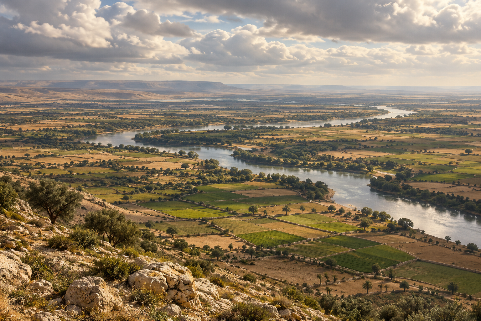 Moving cloud shadows pass across cultivated earth and a broad river plain.