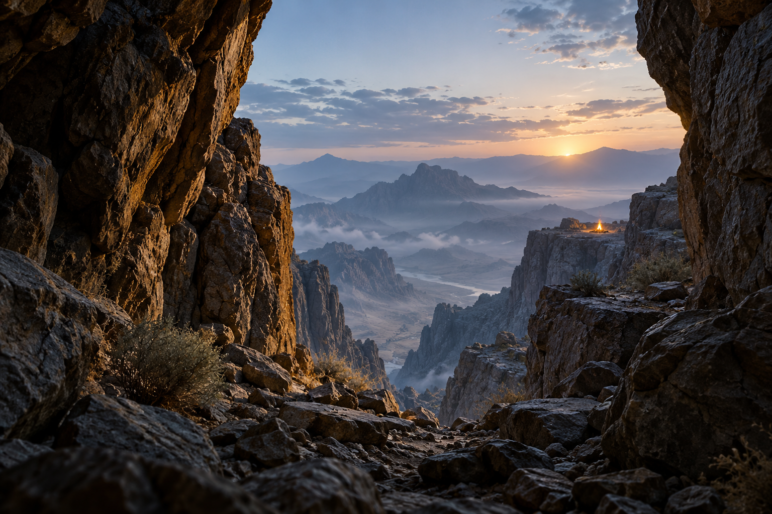 A small distant fire shines through a narrow mountain cleft, suggesting the opening of Moses’ calling without depicting him.