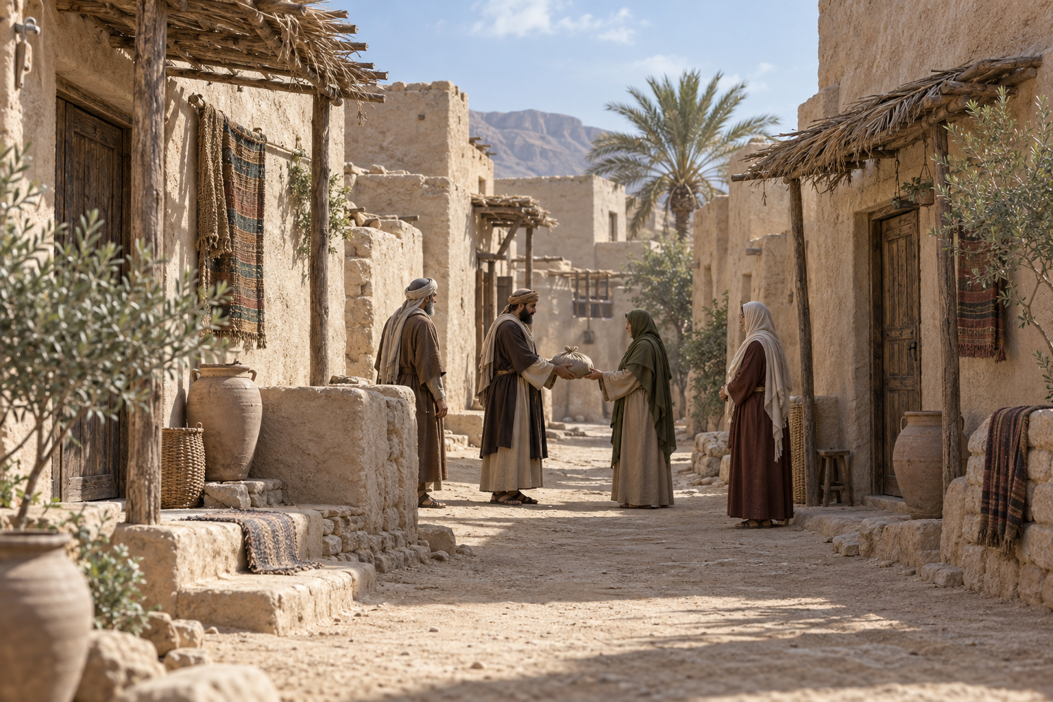 Distant adults meet respectfully between two separate modest homes as witnesses stand nearby.