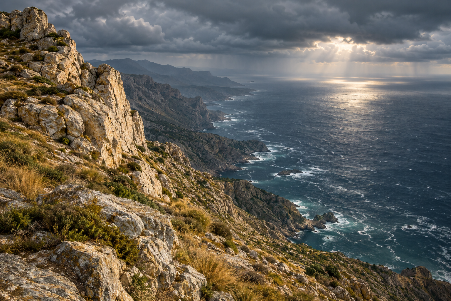 A rugged mountain stands above a distant storm-dark sea.