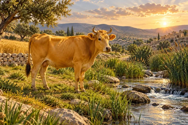 Imagined golden cow beside an ancient-looking field
