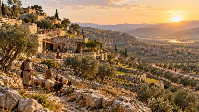 An ancient hillside settlement · the shared life of a city · AI illustration