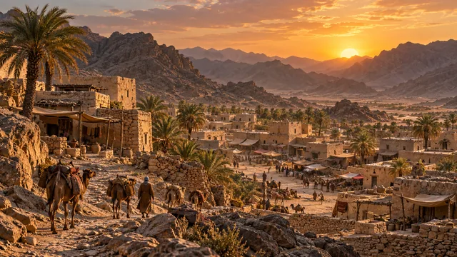 An ancient Arabian settlement among the mountains · AI illustration