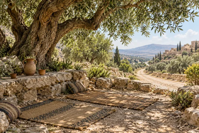 An olive tree and cultivated land · signs of provision · AI illustration